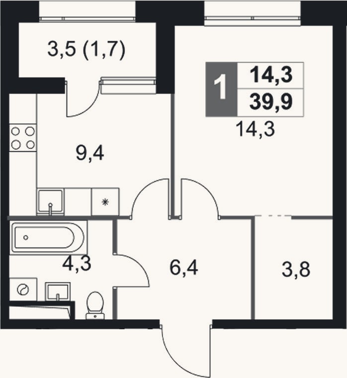 Планировка: 1-к, 38,2 м²
