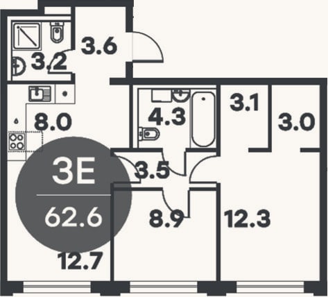Планировка: 3-к, 62,6 м²