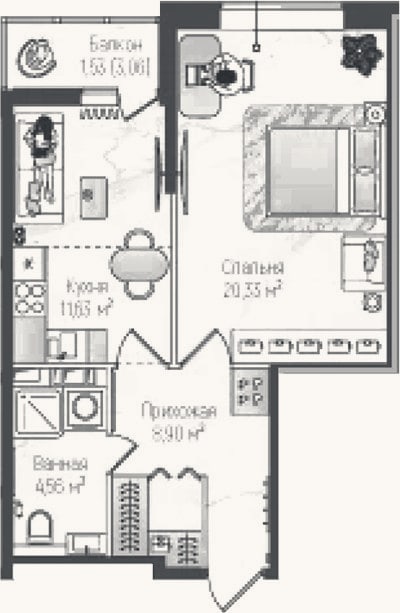 Планировка: 1-к, 42,8 м²
