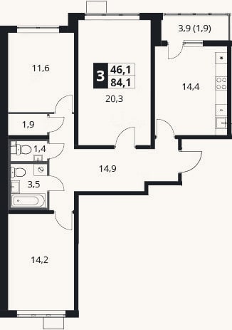 Планировка: 3-к, 82,2 м²