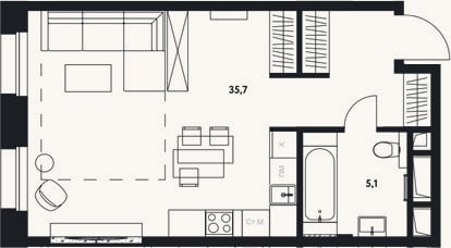 Планировка: Студия, 40,8 м²