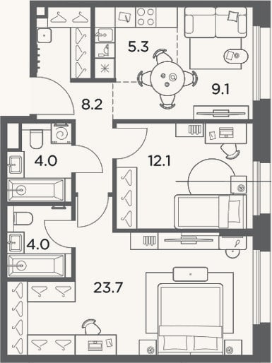 Планировка: 3-к, 66,4 м²