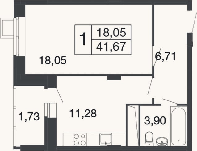 Планировка: 1-к, 39,9 м²