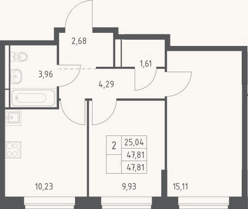 Планировка: 2-к, 47,8 м²