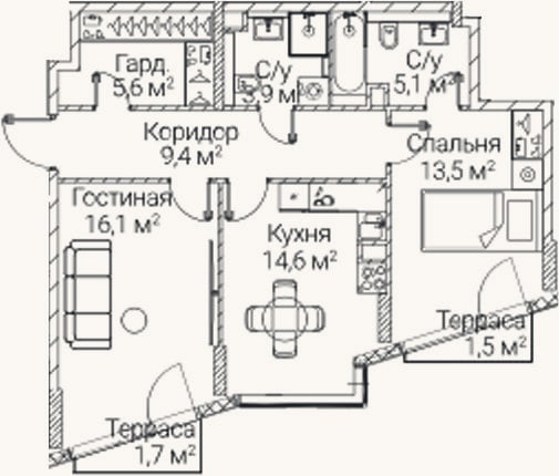 Планировка: 2-к, 64,9 м²