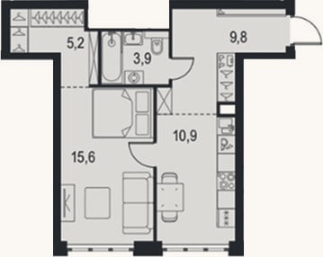Планировка: 1-к, 45,4 м²