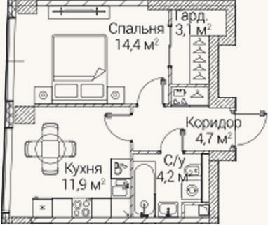 Планировка: 1-к, 38,5 м²