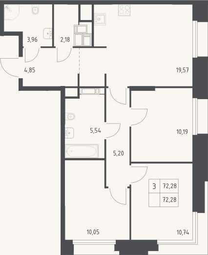Планировка: 3-к, 72,3 м²