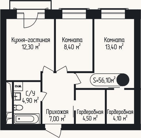 Планировка: 2-к, 56,1 м²