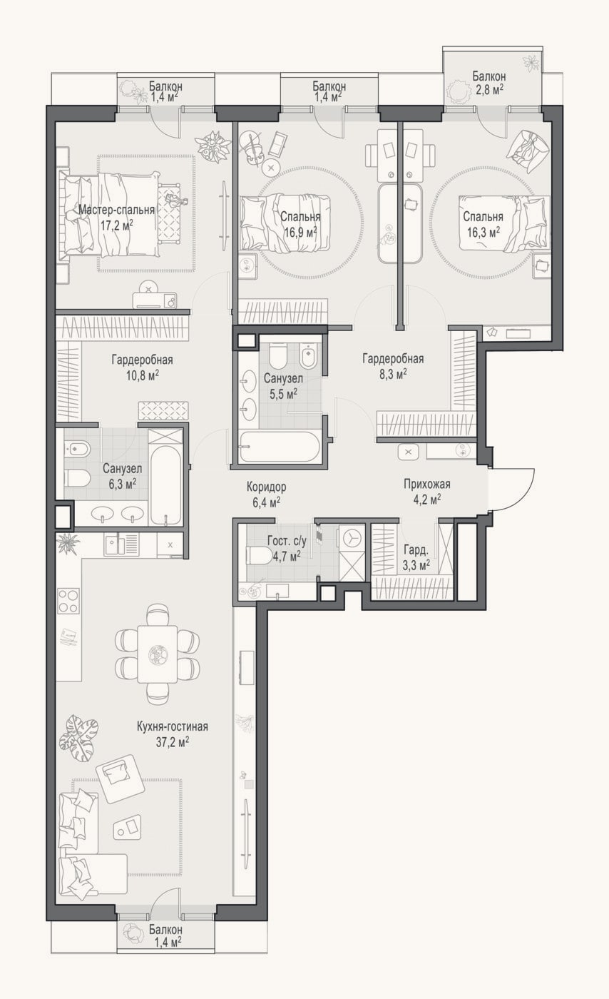 Планировка: 4+ к, 136,8 м²