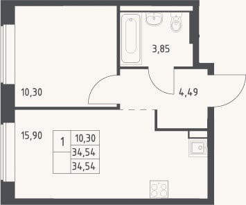 Планировка: 2-к, 34,5 м²