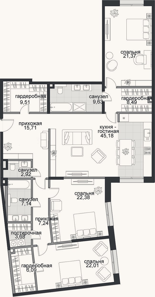 Планировка: 4+ к, 181,4 м²