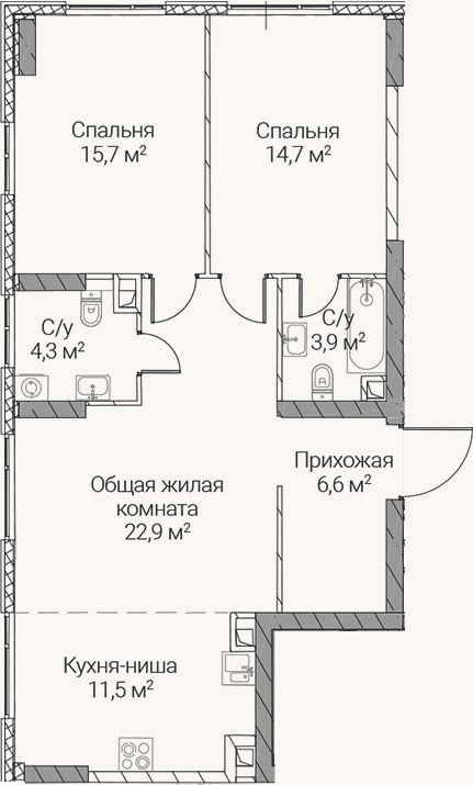 Планировка: 3-к, 79,6 м²