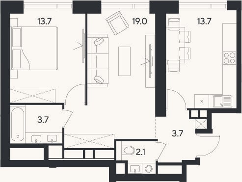 Планировка: 2-к, 55,9 м²