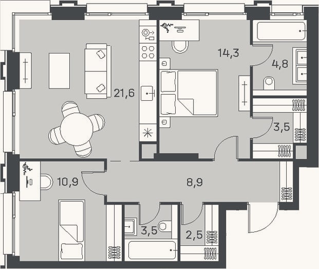 Планировка: 3-к, 70 м²