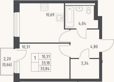 Планировка: 1-к, 33,2 м²