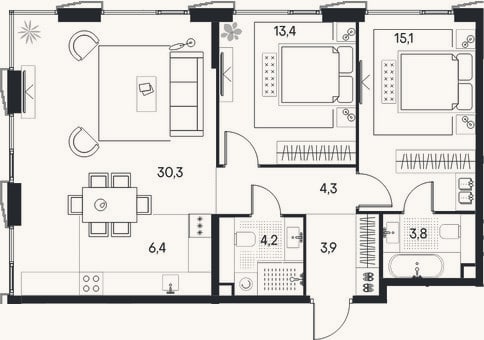 Планировка: 3-к, 81,4 м²