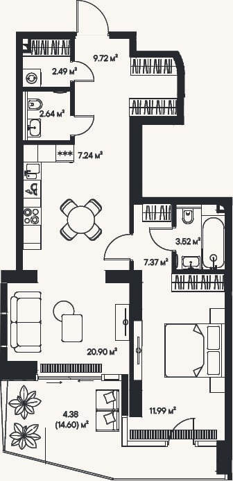 Планировка: 2-к, 65,9 м²