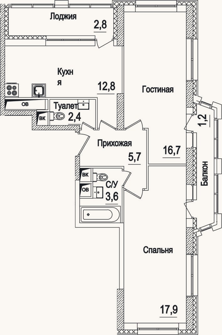 Планировка: 2-к, 59,7 м²