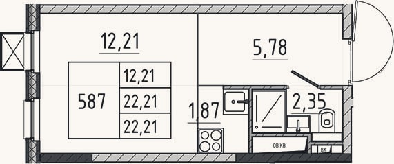 Планировка: Студия, 22,2 м²
