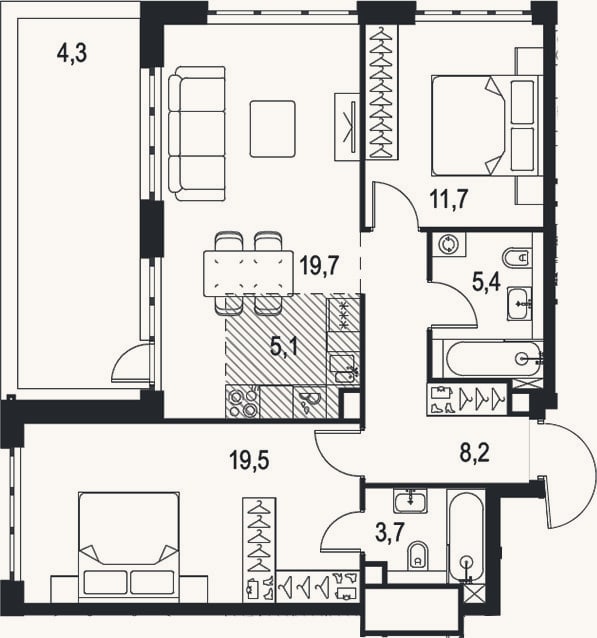 Планировка: 3-к, 73,3 м²