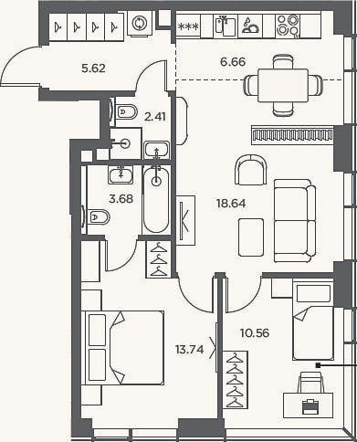 Планировка: 3-к, 61,3 м²