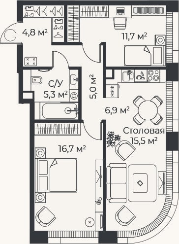 Планировка: 3-к, 65,8 м²