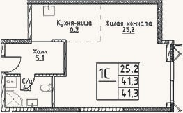 Планировка: Студия, 41,3 м²