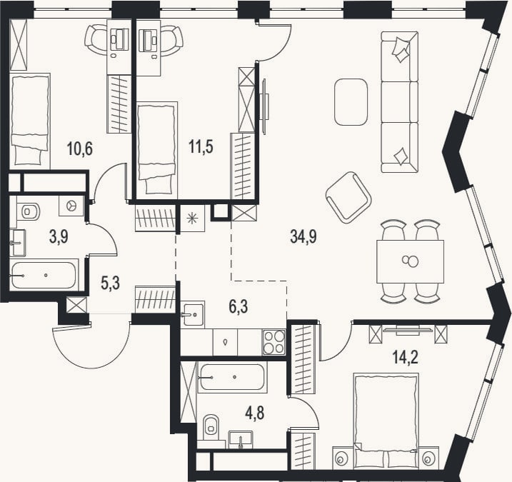 Планировка: 4+ к, 91,5 м²