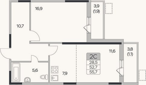 Планировка: 1-к, 52,7 м²