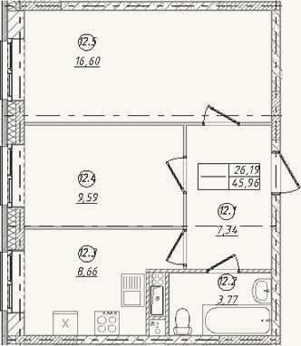 Планировка: 2-к, 46 м²
