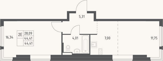 Планировка: 2-к, 44,4 м²