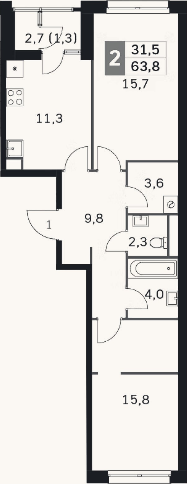 Планировка: 2-к, 60,3 м²