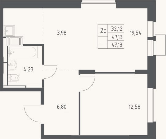 Планировка: 2-к, 47,1 м²