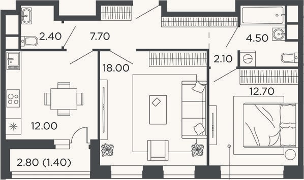 Планировка: 2-к, 59,4 м²