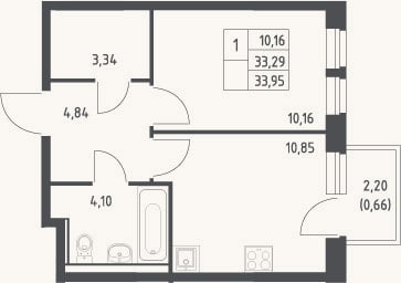 Планировка: 1-к, 33,3 м²