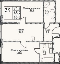 Планировка: 2-к, 65,2 м²