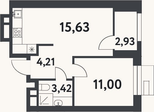 Планировка: 1-к, 34,3 м²