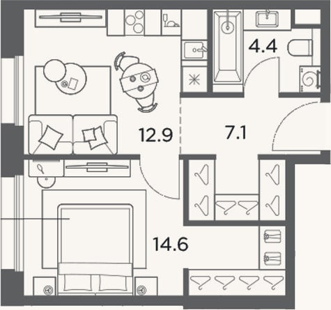 Планировка: 1-к, 39 м²