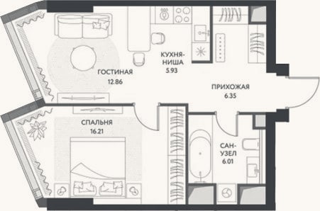Планировка: 2-к, 47,4 м²