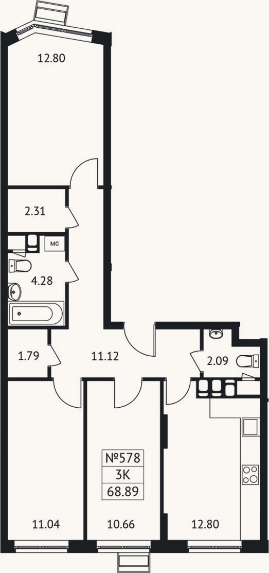 Планировка: 3-к, 68,9 м²