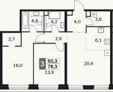 Планировка: 3-к, 78,3 м²