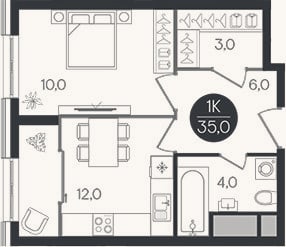 Планировка: 1-к, 35 м²