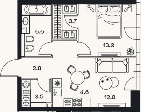 Планировка: 2-к, 48,8 м²