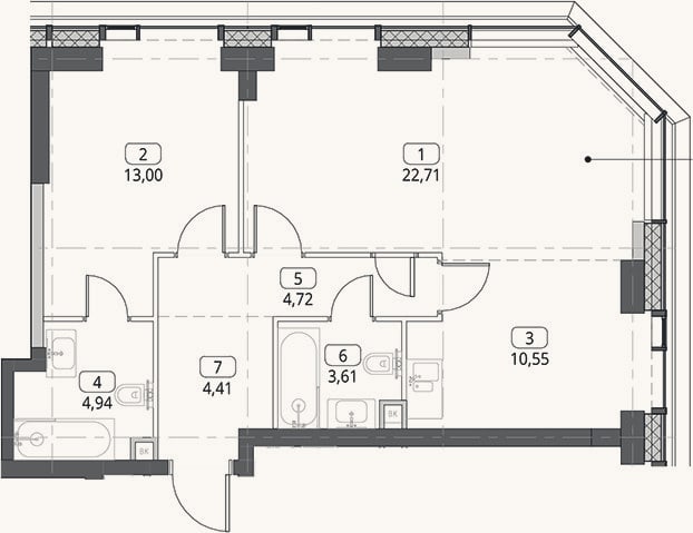 Планировка: 2-к, 63,9 м²