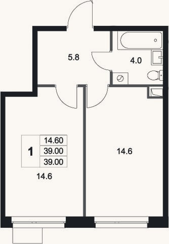 Планировка: 1-к, 39 м²