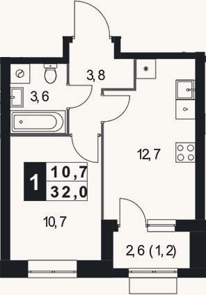 Планировка: 1-к, 30,8 м²