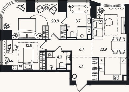 Планировка: 3-к, 83,3 м²