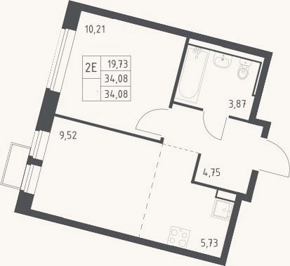 Планировка: 2-к, 34,1 м²