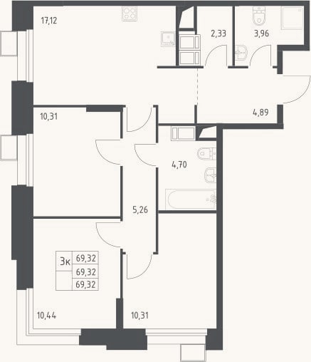 Планировка: 4+ к, 69,3 м²